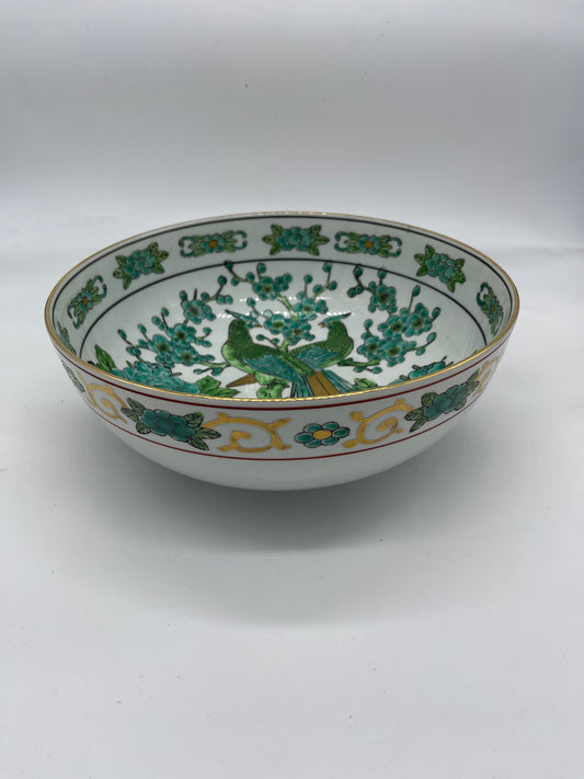 Mid-Century Japanese Gold Imari Green & Gold Porcelain Double Peacock Hand Painted Serving Bowl