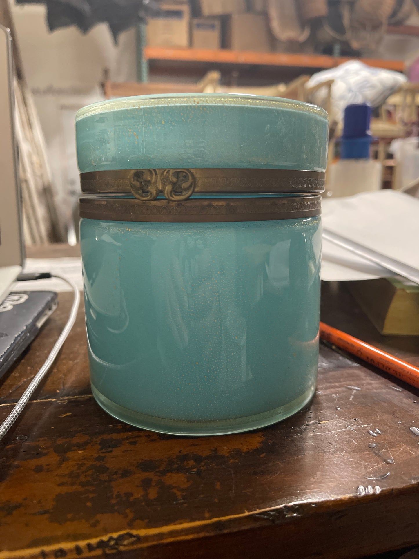 Vintage Antique Murano Aqua Opaline Glass Brass Dresser Casket Box