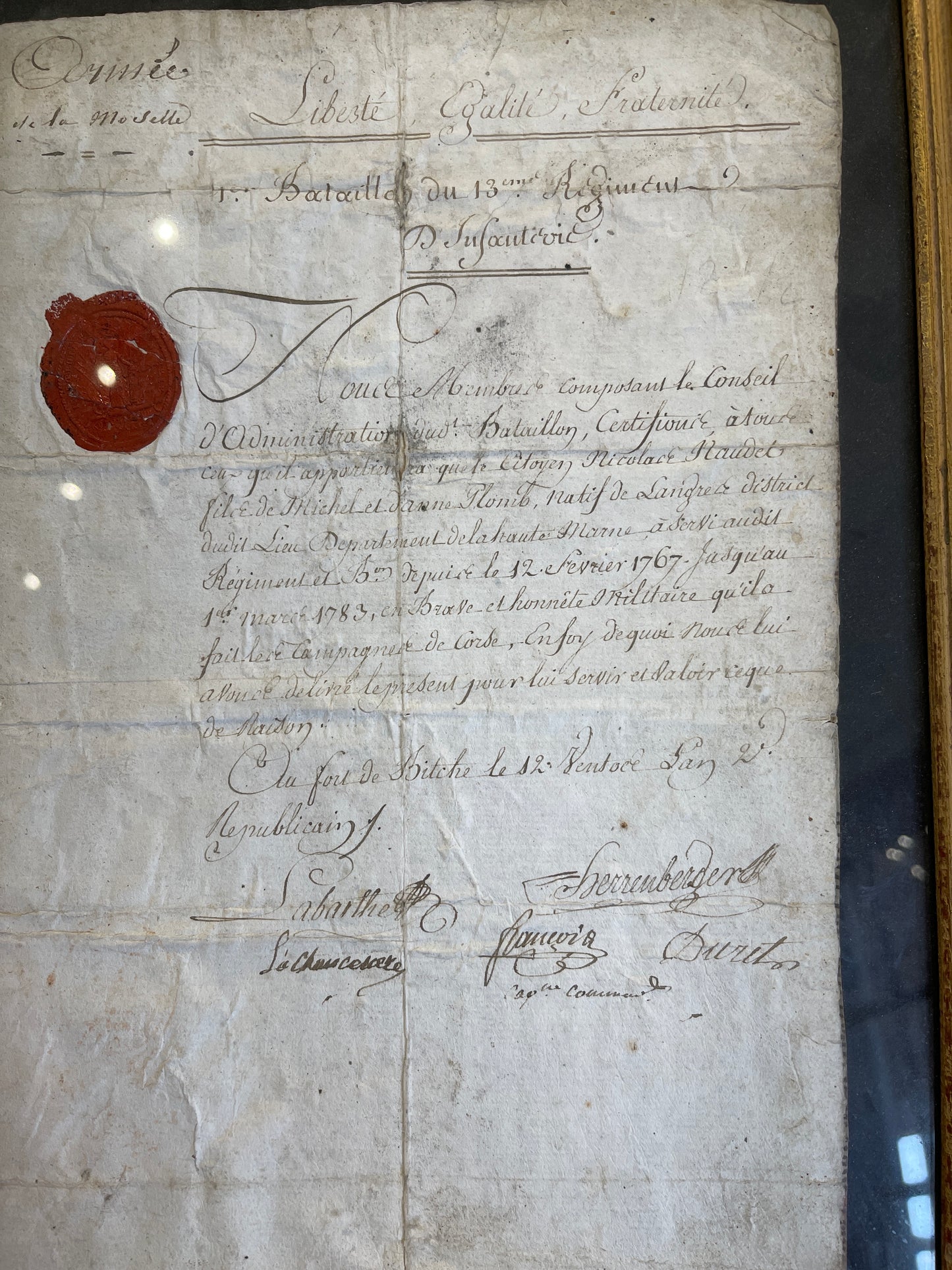 Certificate of Good Service for Citizen Naudel in the Castle Biche 1793 with Wax Seal