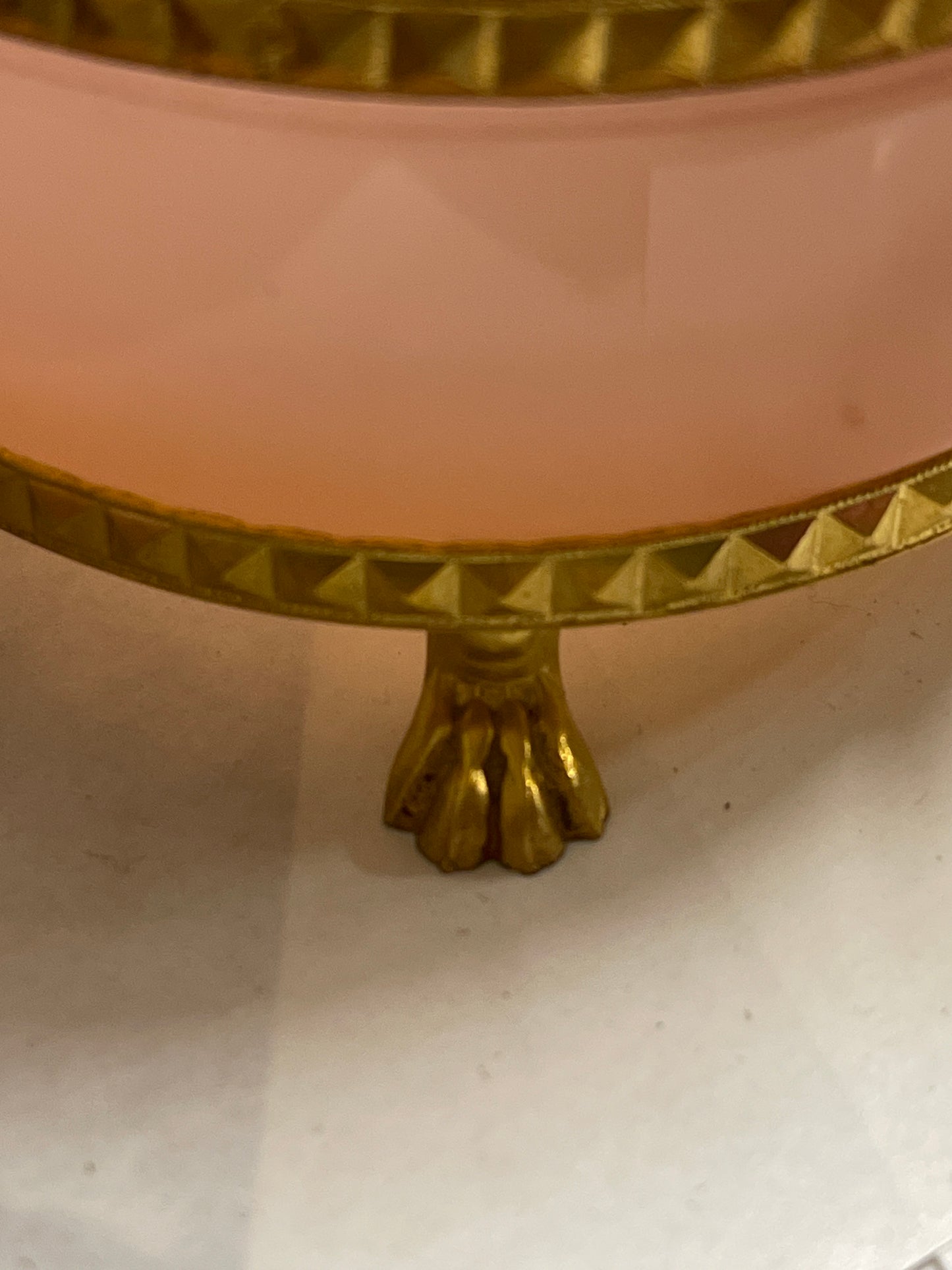 Vintage Alexandrite Pink Opaline Glass Ashtray with Bronze Mount and Bronze Lion Feet