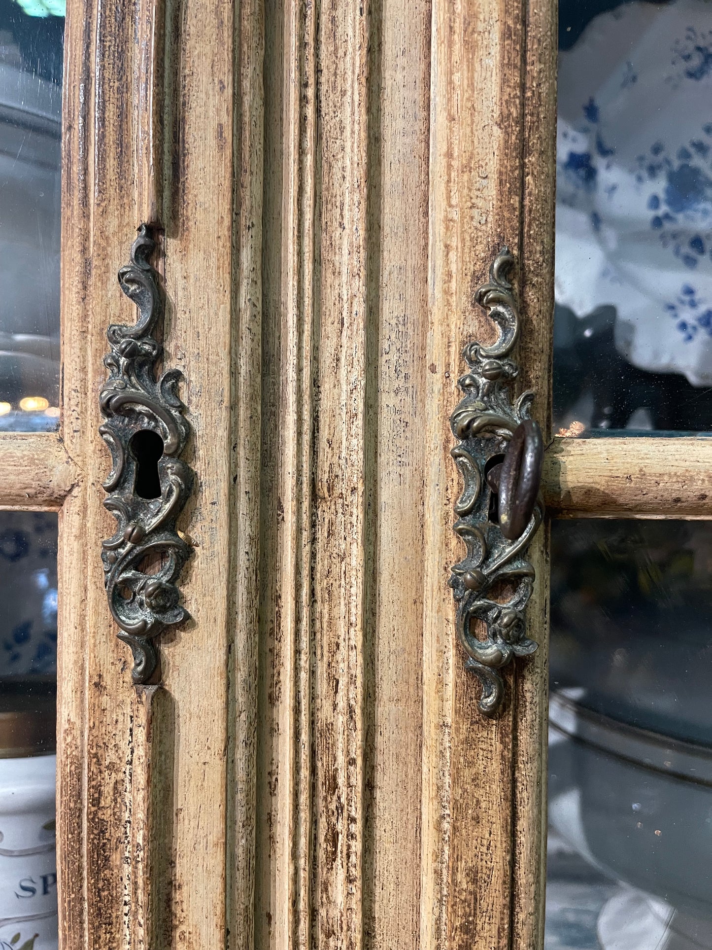 19th Century French Hutch with Glass Doors 3 Drawers with Brass Handles Blue Inside