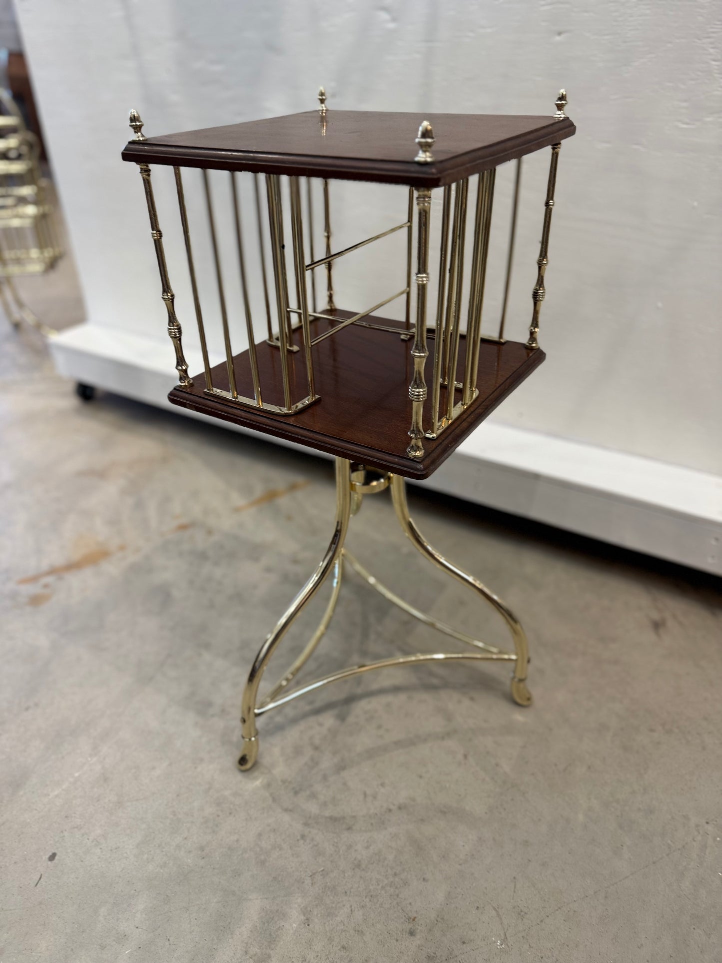 Brass and Wood Revolving Bookcase Square 3 Legs