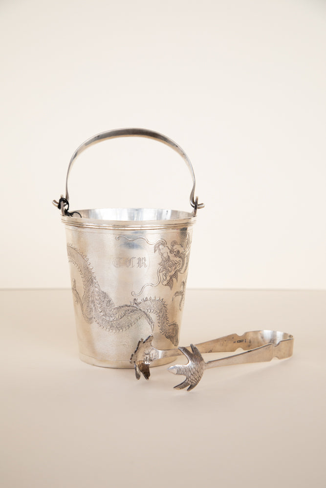 Sterling Silver Ice Bucket with Ice Tongs Monogram TCR