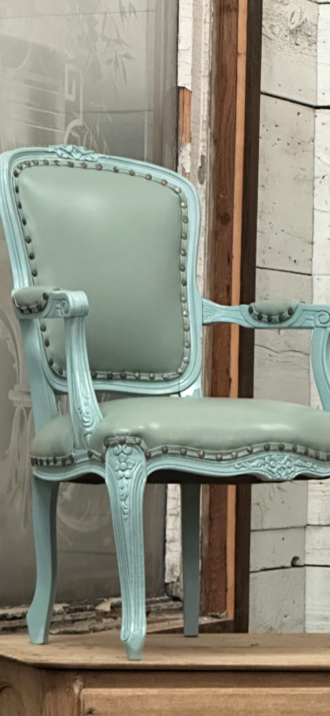 Blue French Chair with Blue Leather and Nail Trim