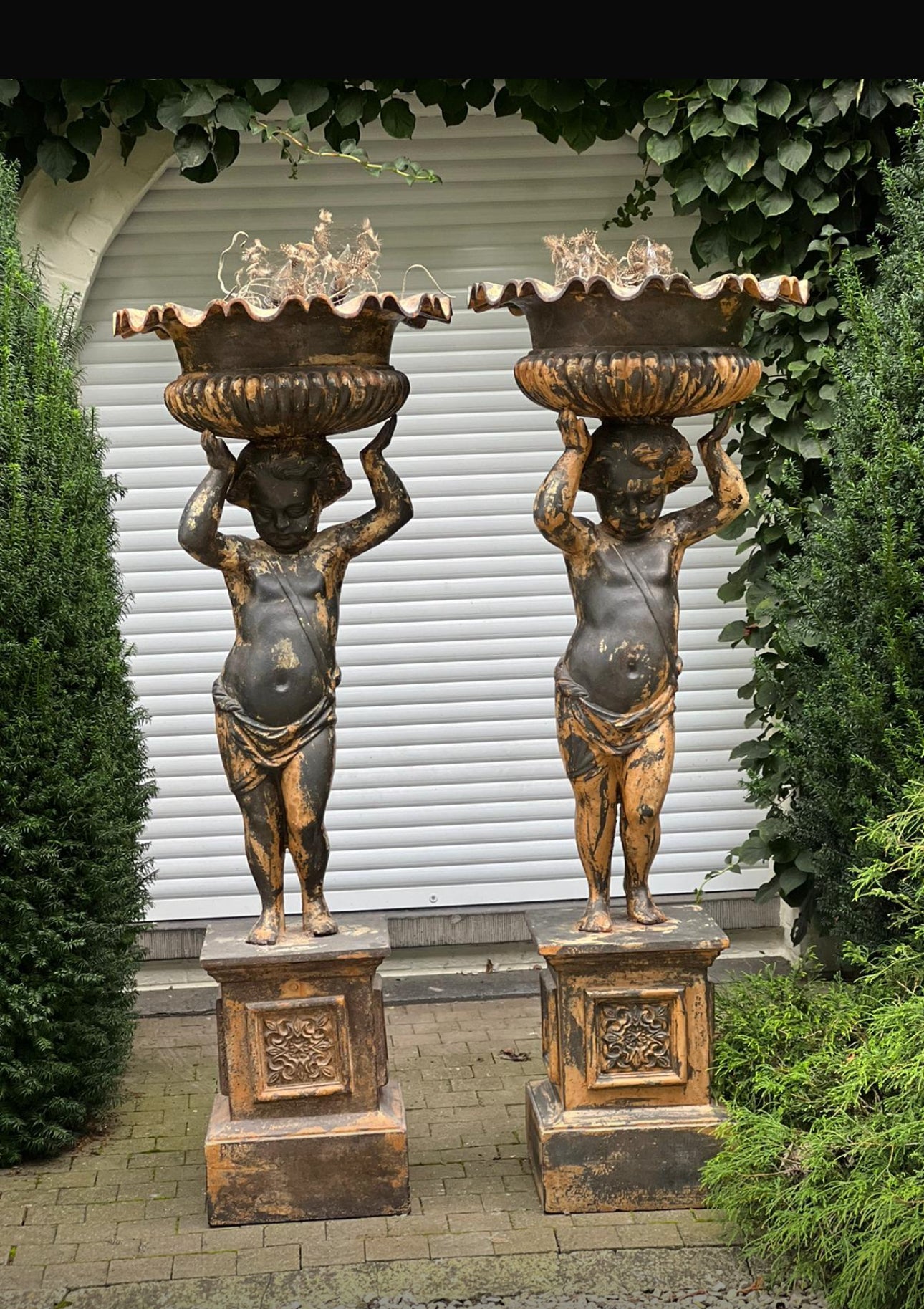 Cast Iron Garden Statues of Putti's Torchers