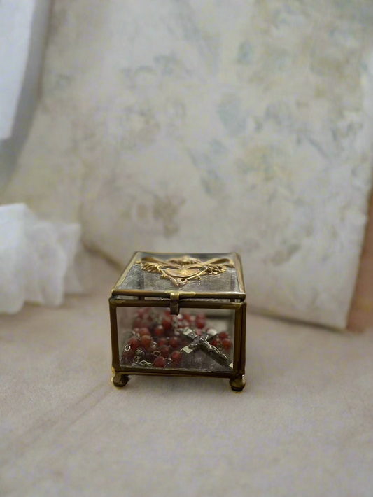 Burgundy Beaded Rosary “Jeanne” in Small Beautiful Glass Box