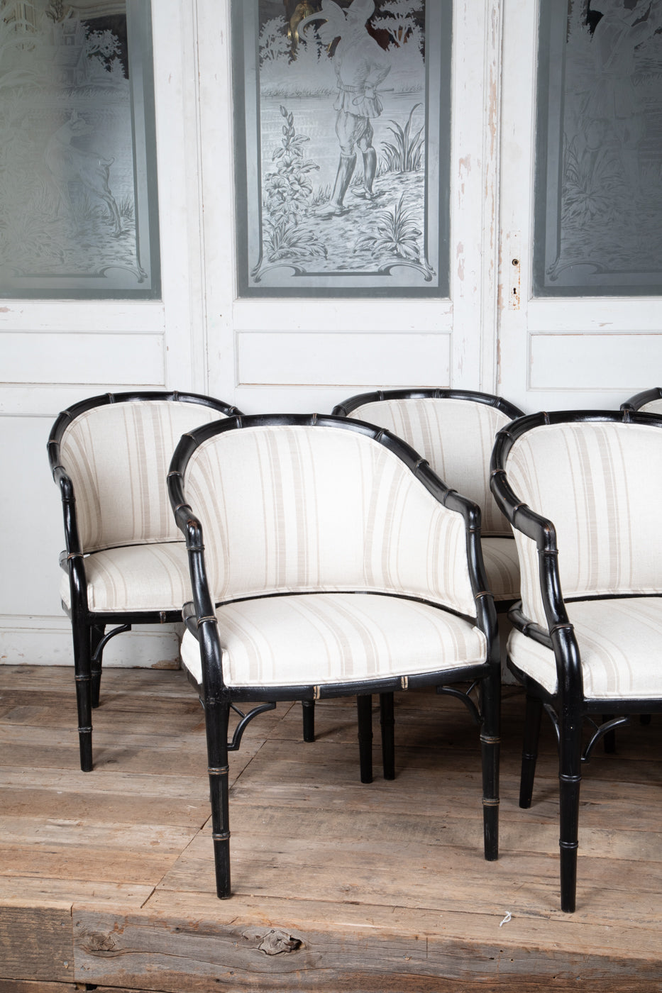 Set of 6 Black Faux Bois Arm Chairs