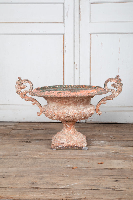 19th Century Original Pink and White  Painted Patina Twin Handled Urn
