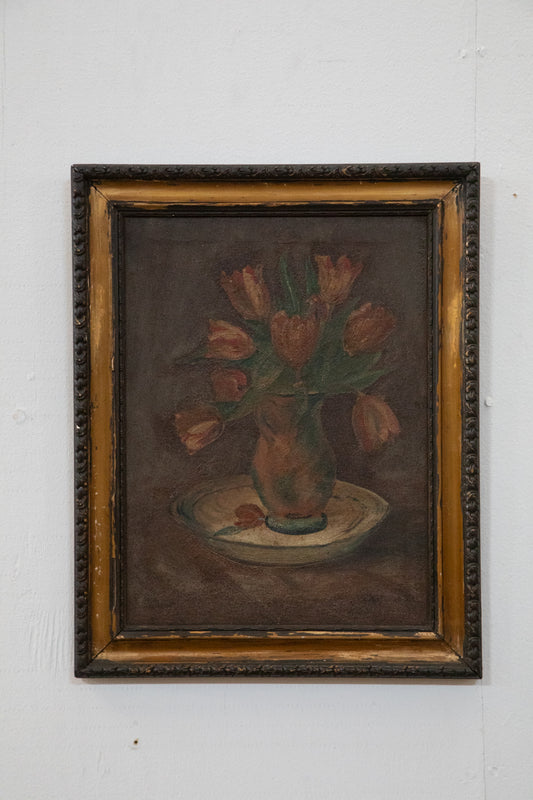 Oil on Canvas Still Life of Tulips in Vase