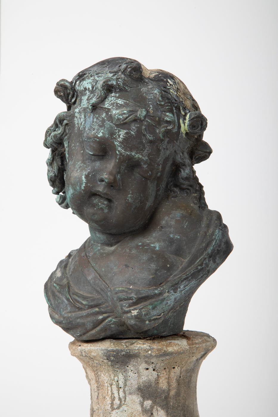 19th Century French Bronze Cherub on Stone Plinth