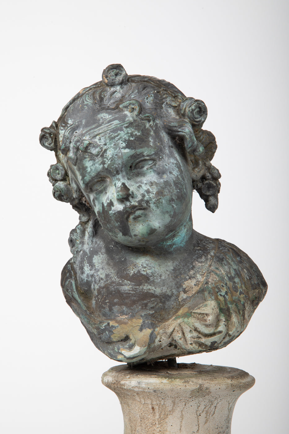 19th Century French Bronze Cherub on Stone Plinth