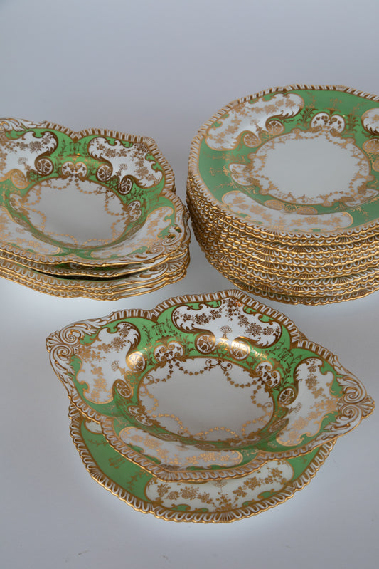 Royal Crown Derby 12 Piece Green and Gilt Dessert Set with Serving Pieces 1880
