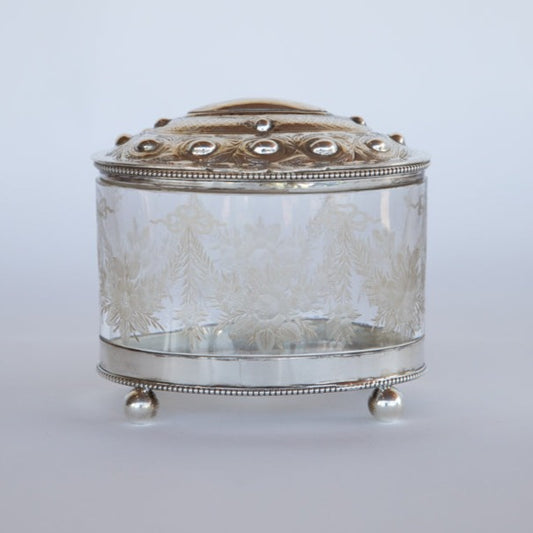 Glass and Silver Biscuit Box with Queen Victoria Stamp
