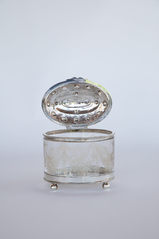 Glass and Silver Biscuit Box with Queen Victoria Stamp