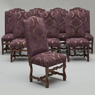 Renzo Mongiardino Baroque Dining Chairs – Hand-Carved Walnut & Silk Damask Upholstery